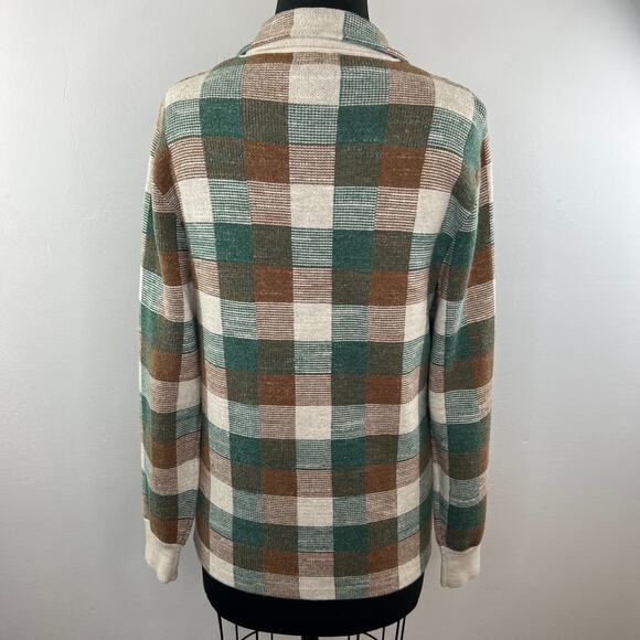 Knit for J.Crew Brown Green Wool Plaid Button-Up Sweater Shaket Collar BC594 XS - Picture 4 of 7